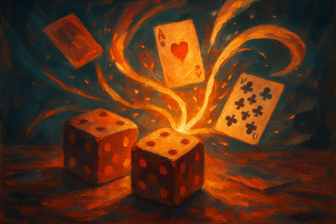 Painterly key art evoking dice, cards and game systems