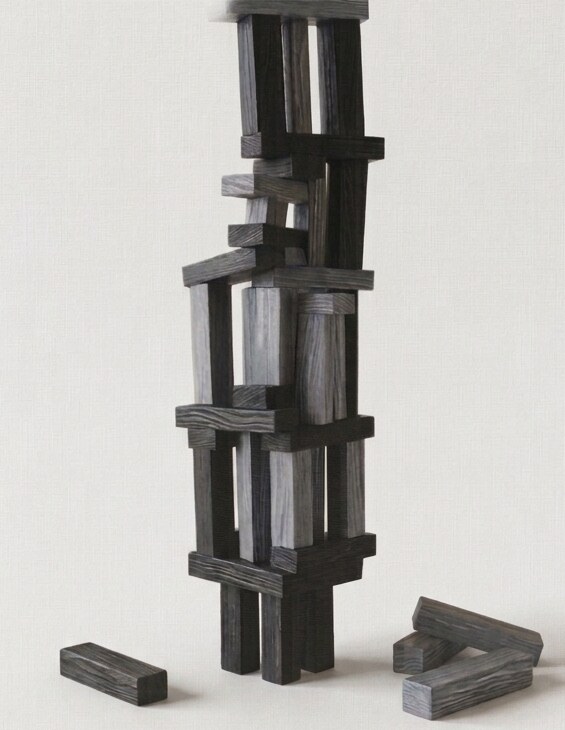 A leaning tower of charred-black and silvered-grey wooden blocks on paper