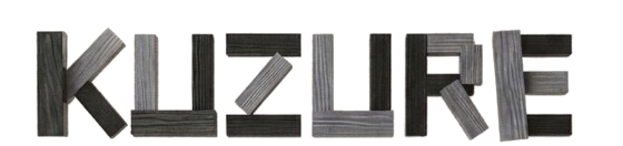 KUZURE, spelled in charred and silvered wooden blocks
