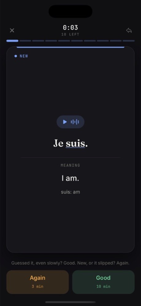 Flua — a single study card with native audio, in the app